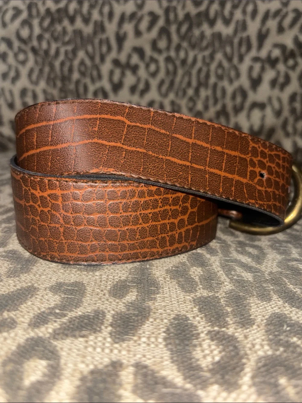 Croc embossed peacock feather faux leather belt brass tone buckle concho belt 30